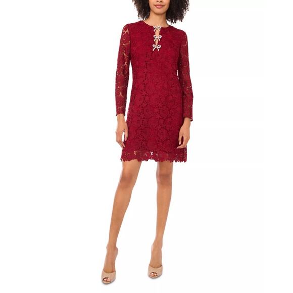 CeCe Dresses & Skirts - CeCe Women Mulberry Red Floral Lace Bow Embellished Evening Mini Dress Size US 6